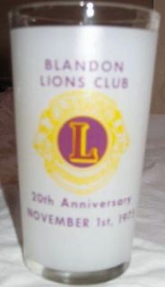 Vintage 1975 20th Anniversary Blandon Lions Club Glass