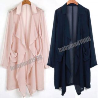 See Through Blazers Women Solid Chiffon Lapel Long Sleeve Coat 