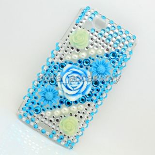 3D Blue Flower Bling Crystal Back Cover Case for Mobile Cell Phone 