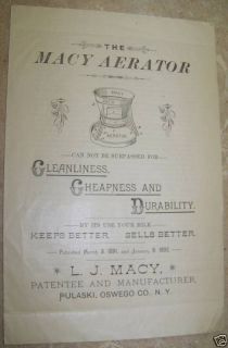 1892 Macy Milk Dairy Cream Aerator Pulaski NY Brochure