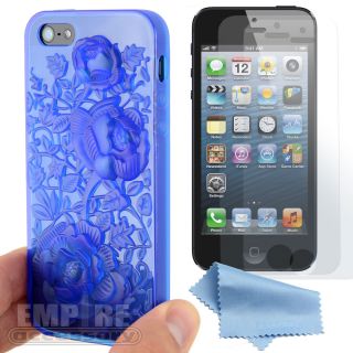 3D Flower Floral Rose Blue TPU Gel Case w/ Screen Guards For iPhone 5 