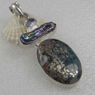 Blue Topaz Biwa Pearl Metalic Stone Silver Plated Pendant Jewelry 