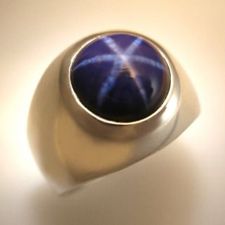 Unique Heavy Custom Mens Ring w A Round Blue Star Sapphire in Sterling 