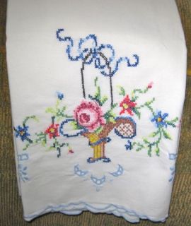 Vintage Floral w Pink Rose Cross Stitch Embroidered Standard 