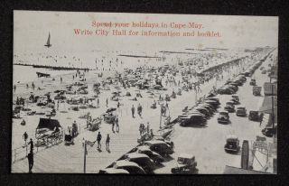 1930s Birdseye View of Beach Boardwalk and Street Old Cars Cape May NJ 