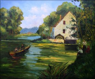 High Q. Hand Painted Oil Painting Boating in a Quiet Landscape