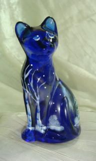 Fenton 4 25 Sitting Cat Cobalt Blue Hand Painted Serene Winter 2011 