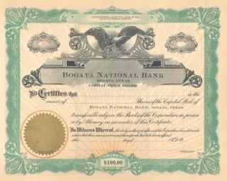 1907 Bogata National Bank Stock Certificate Texas with Eagle