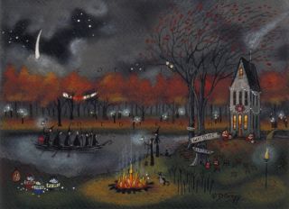   painting Witch Black Cats River Marshmallows Bonfire Jack O Lanterns