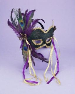 Mardi Gras Green Velvet Face Mask w Peacock Feathers