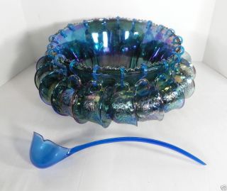 Iridescent Blue Indiana Carnival Glass Harvest Grape Punch Bowl Set w 