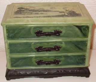 Vintage Jade green dragon handle jewelry box Asian celluloid 