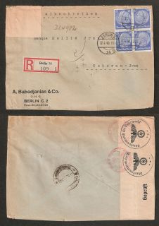 Germany 1940 25p Hindenburg Block on Censored Registered Cover to Iran 