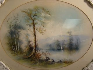 Antique Pastel w Braley River Valley Landscape Sailboat Painting 