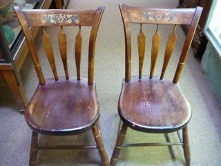 S18 Pair Early Rustic Primitive Wood Arrow Back Chairs with Stencil 