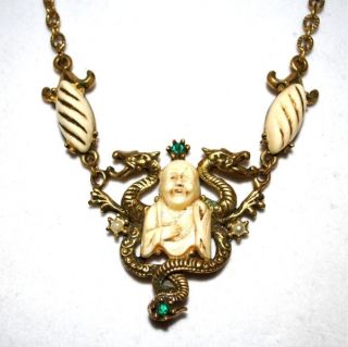   Asian Budha Man Double Dragon Rhinestone Brass Necklace