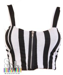   Boobtube Bra Black White Striped Padded Top Front Zip Bralet