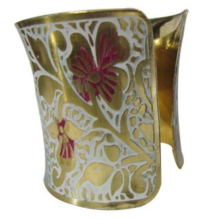 Gold Tone Brass Cuff Elephant Floral Designer Adjustable Bracelet 