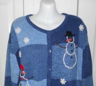 Breckenridge Blue Embroidered Snowman Snowflake Cardigan Sweater 3X 
