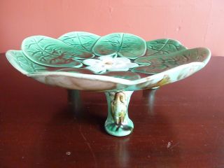 BEAUTIFUL ANTIQUE GREEN MAJOLICA LEAVES & LILY FOOTED STAND WITH 