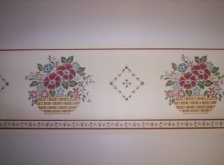 Red Country Stencil Flowers Baskets Wallpaper Border