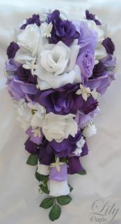 21pcs Wedding Bridal Bouquet Flowers Decorations Bride Silk Pew PURPLE 