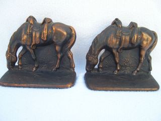 Antique Western Horse Bronze Bookends Signed Numbered