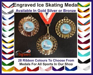ENGRAVED ICE SKATING BOOT ROSETTE MEDAL WITH RIBBON TROPHY AWARD
