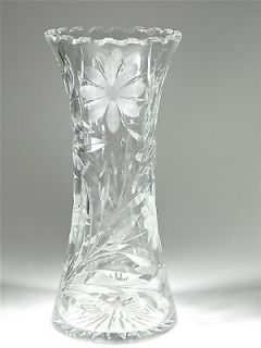 vintage cut glass tall vase flowers leaves stems fancy scallop
