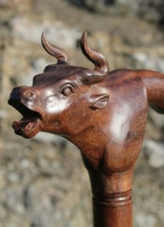 fairtrade solid wooden bull head walking stick product hand carved 