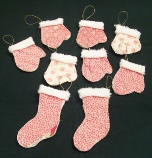 Double Pink Antique Quilt Ornaments Mittens and Stockings