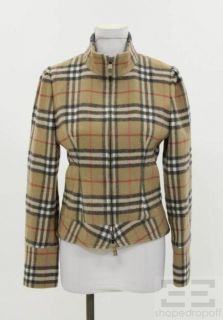 Burberry London Tan Wool Check Zip Front Jacket Size US 8