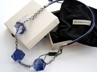Burberry Prorsum jet blue cube necklace, silver / patent leather chain 