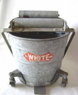 Vintage White Mop Bucket Wringer On Wheels Large Original Label