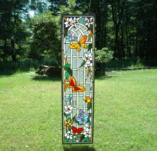   Style stained glass window panel flower & butterfly garden, 9 x 36
