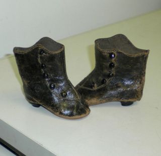 Antique Button Up Doll Boots Black with Heels French or German Bisque 