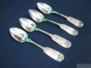 Lot of 4 Antique c 1850 Coin Silver Fiddle 6 Spoons J. Rogers