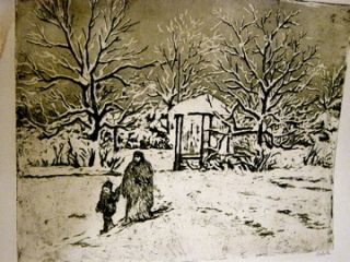   ANTIQUE ORIGINAL WOODCUT P S CZECH c 1920 WINTER SNOW CHILD LISTED NR