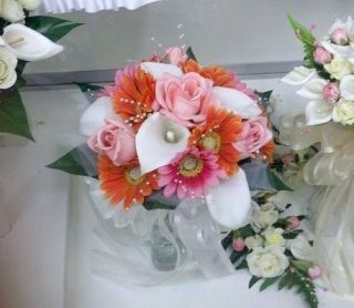   Hot Pink Orange Calla Lily Gerber Daisy Bridal Bouquet Wedding Flowers