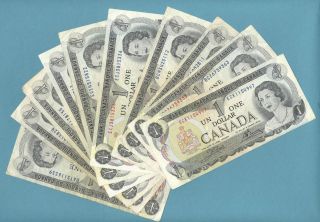 Lot of 10 Canadian Paper Money Bills 1 10 CIRCULATED authentic 1973