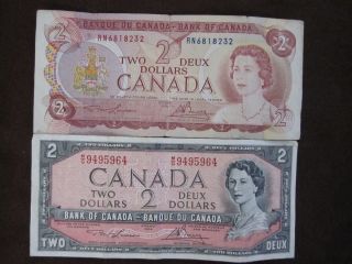 Lot of Two 1954 1974 Canadian 2 $ Bill Old Paper Money
