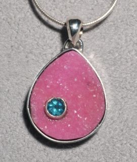 Pink Cobalt Calcite with Blue Tourmaline Silver Pendant