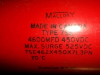 Mallory 7SE462X450X7L3PN 450VDC 4600 MFD CAPACITOR (3 AVAILABLE)