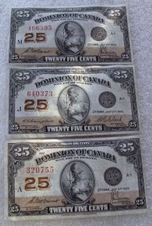 1923 Canada 3 x 25 Cents Shinplaster Paper Money Dollar