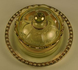   Uranium Vaseline Riverside Glass Co. Ranson Gold Band Butter Dish