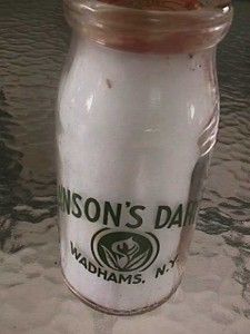 Vtg 1950s Pint Ansons Dairy Wadhams N Y Milk Bottle Paper Cap Green 