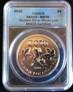 2010 Canada Hockey ANACS MS70 Olympics Silver Maple Leaf 1 oz Low 