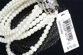 Carolee Silver Tone 6 Row Faux Pearl Pave Crystal Stretch Bracelet NWD 