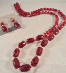 Vintage Necklace Earrings Set Laguna Red Glass Lucite Beads UNWORN 