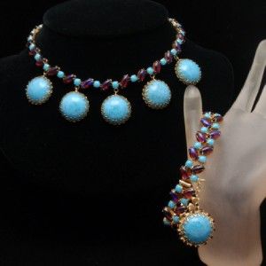 Hattie Carnegie Set Necklace Bracelet Turquoise & Dragons Breath 
